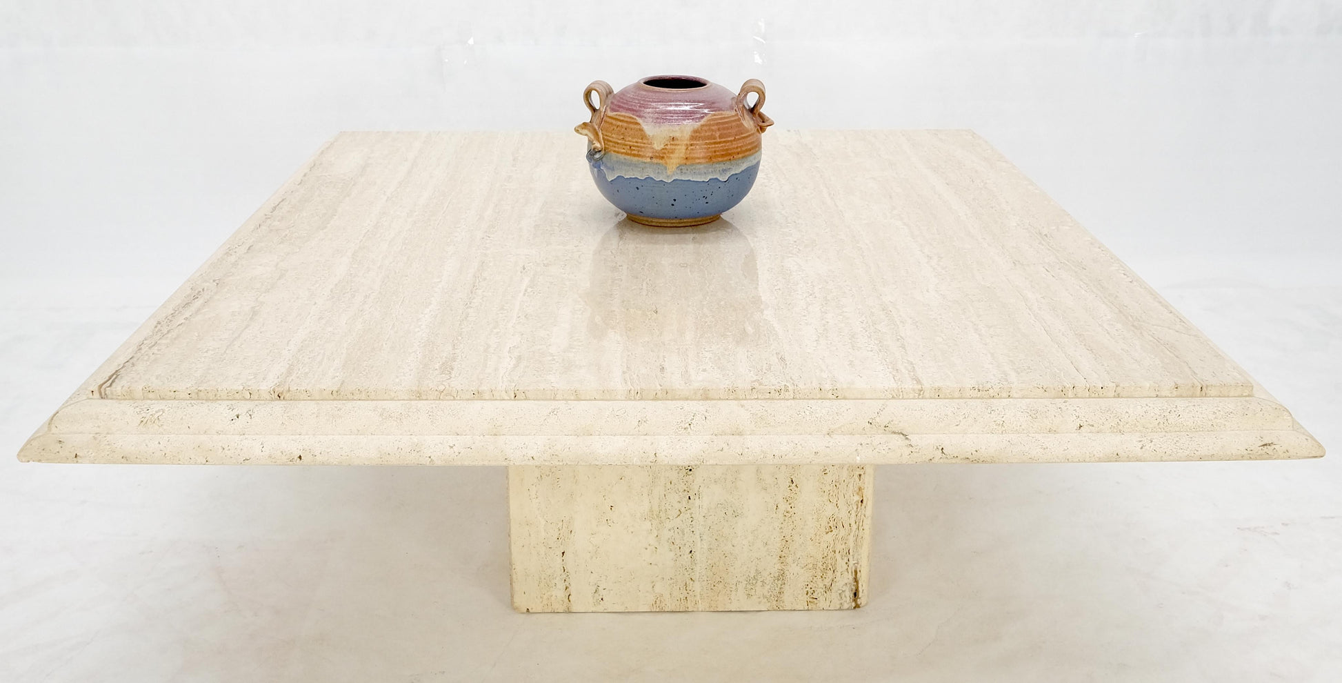 EstablishedLines Large 42" Square Single Pedestal Base Italian Mid Century Travertine Table MINT!