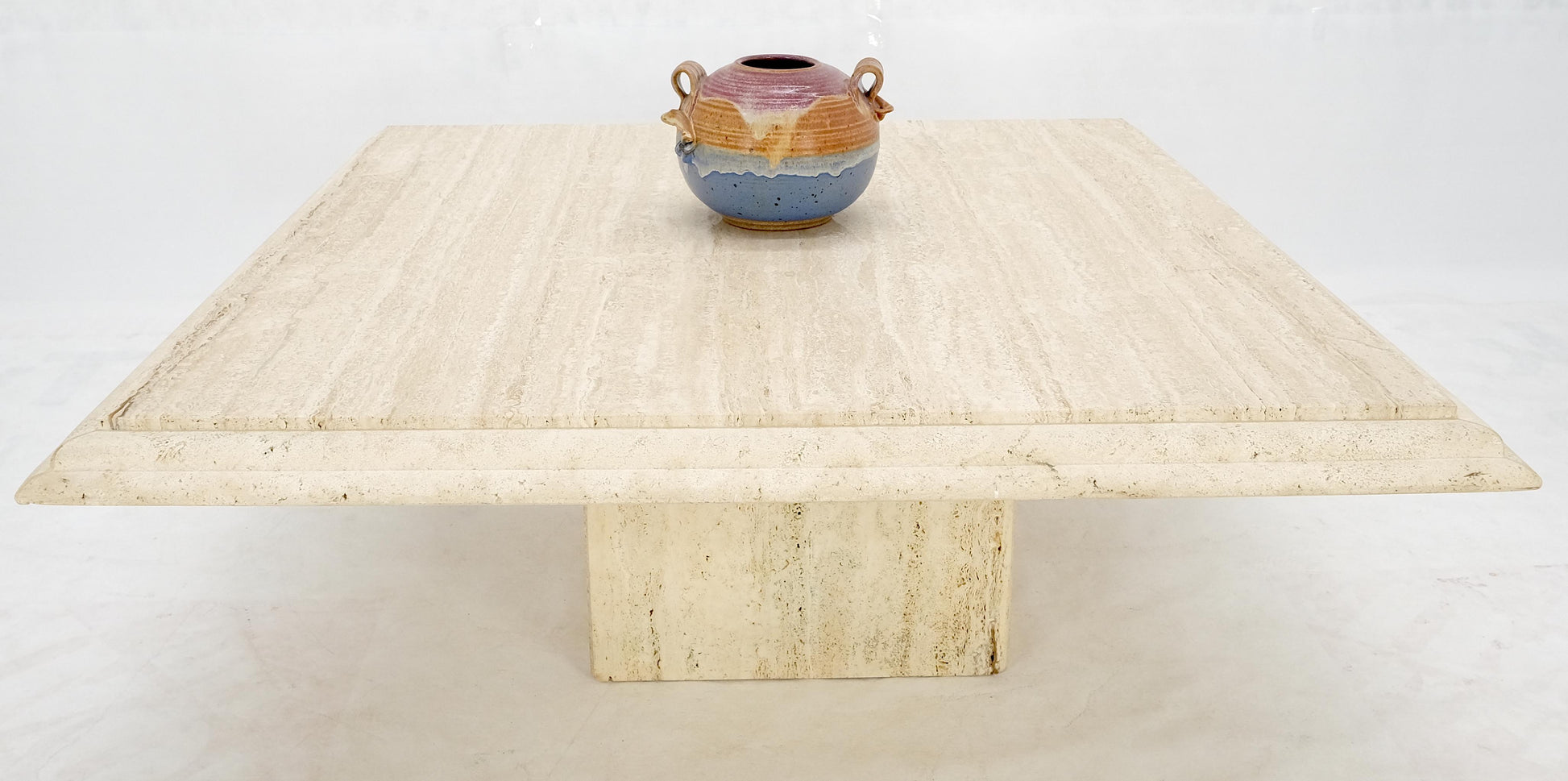 EstablishedLines Large 42" Square Single Pedestal Base Italian Mid Century Travertine Table MINT!