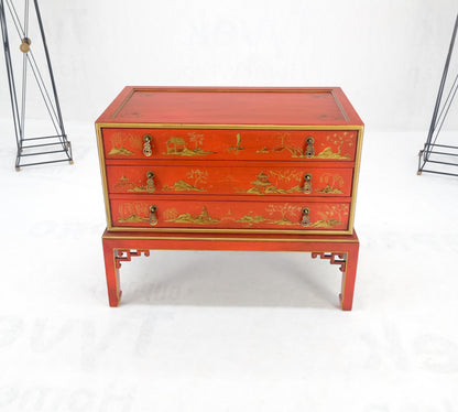 Red Orange Lacquer Chinoiserie Hand Painted Three Drawers Dresser Large Stand