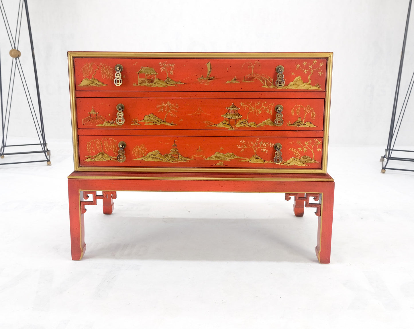 Red Orange Lacquer Chinoiserie Hand Painted Three Drawers Dresser Large Stand
