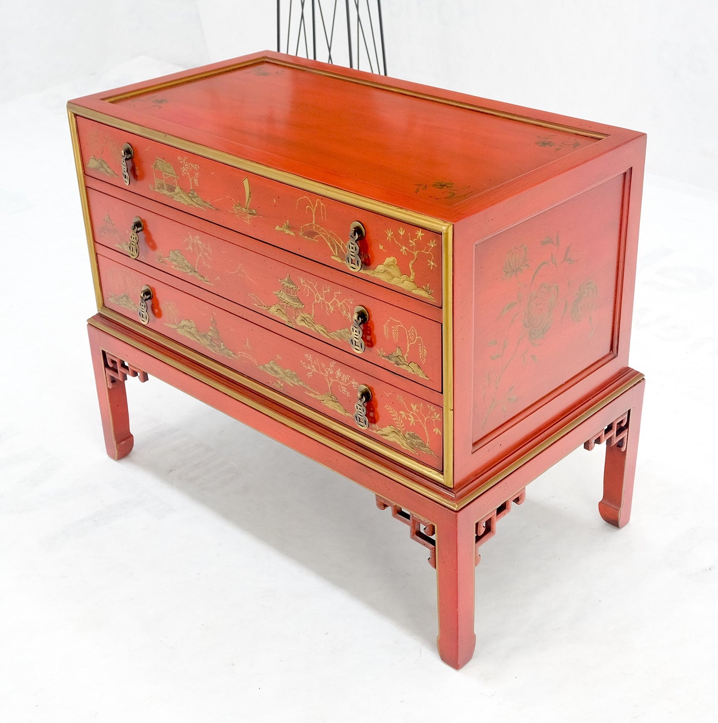 Red Orange Lacquer Chinoiserie Hand Painted Three Drawers Dresser Large Stand
