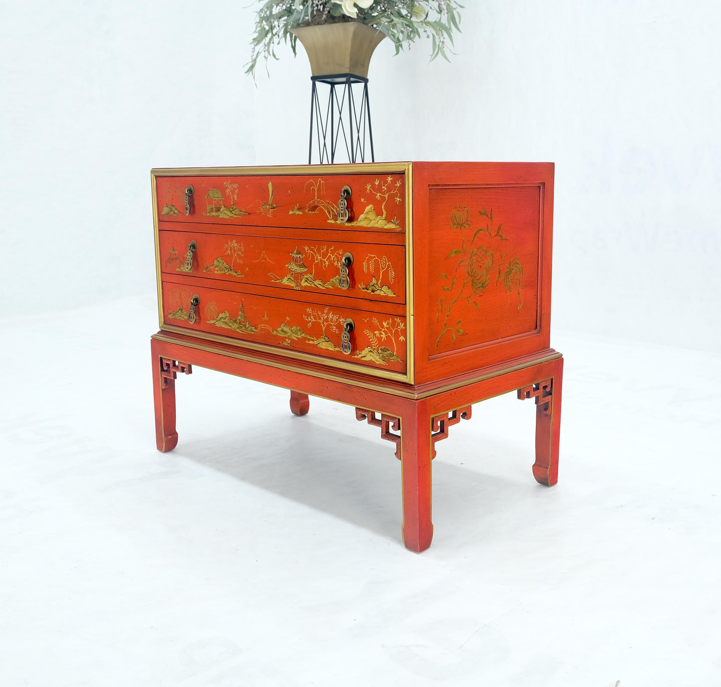 Red Orange Lacquer Chinoiserie Hand Painted Three Drawers Dresser Large Stand
