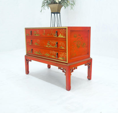 Red Orange Lacquer Chinoiserie Hand Painted Three Drawers Dresser Large Stand