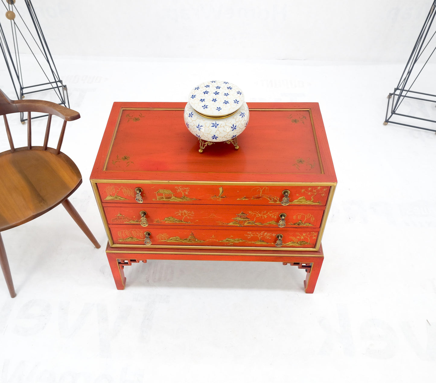 Red Orange Lacquer Chinoiserie Hand Painted Three Drawers Dresser Large Stand