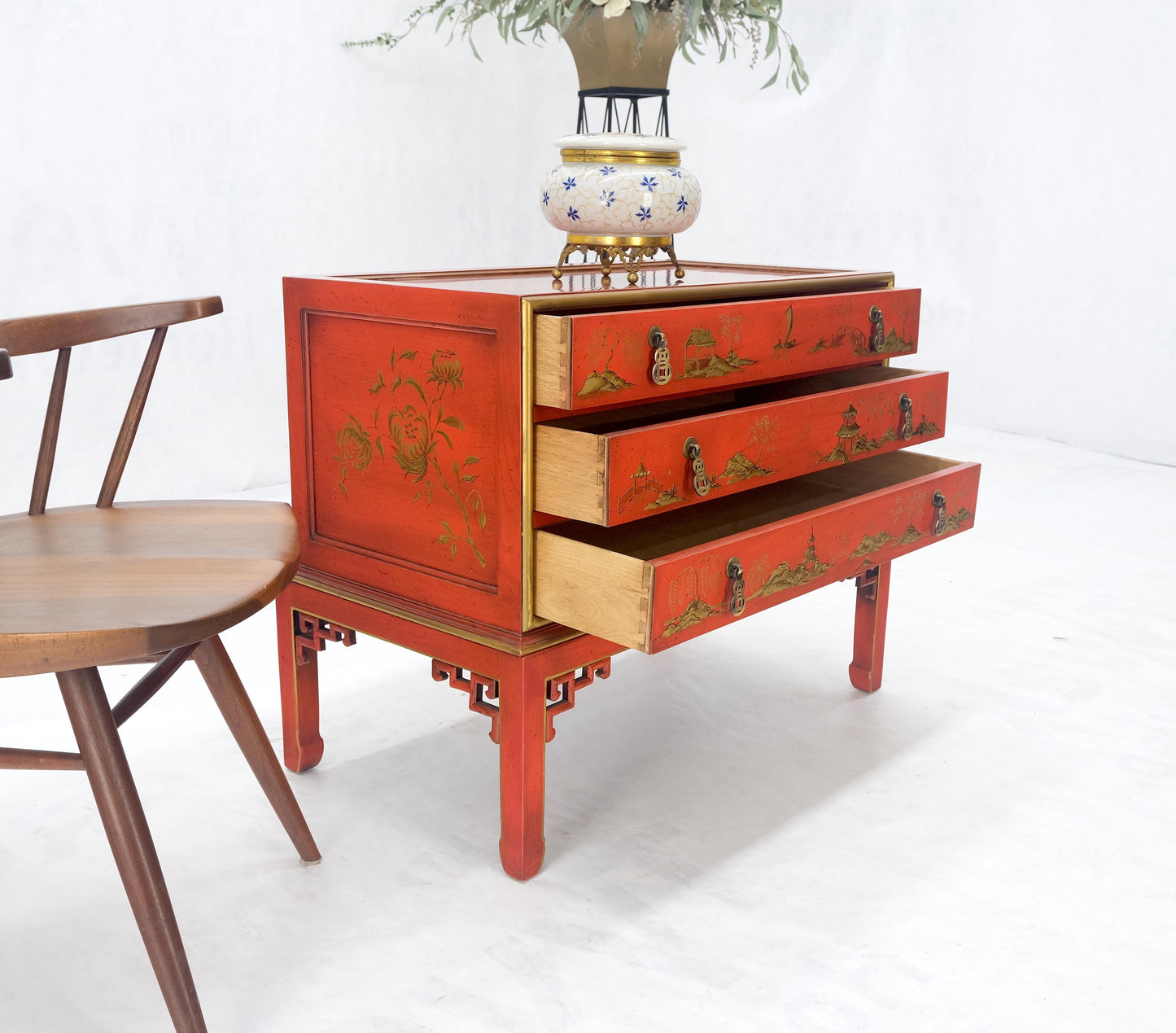 Red Orange Lacquer Chinoiserie Hand Painted Three Drawers Dresser Large Stand