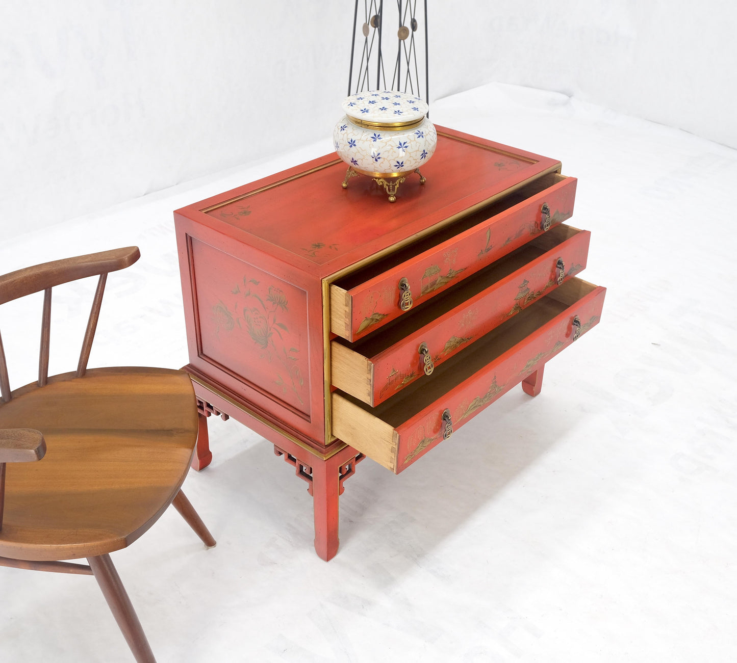 Red Orange Lacquer Chinoiserie Hand Painted Three Drawers Dresser Large Stand