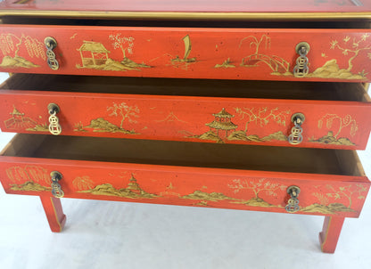 Red Orange Lacquer Chinoiserie Hand Painted Three Drawers Dresser Large Stand