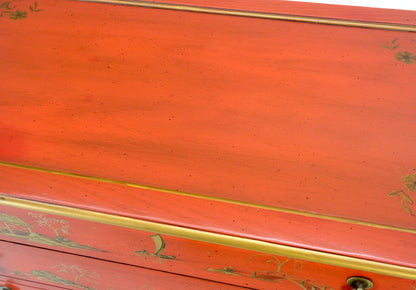 Red Orange Lacquer Chinoiserie Hand Painted Three Drawers Dresser Large Stand