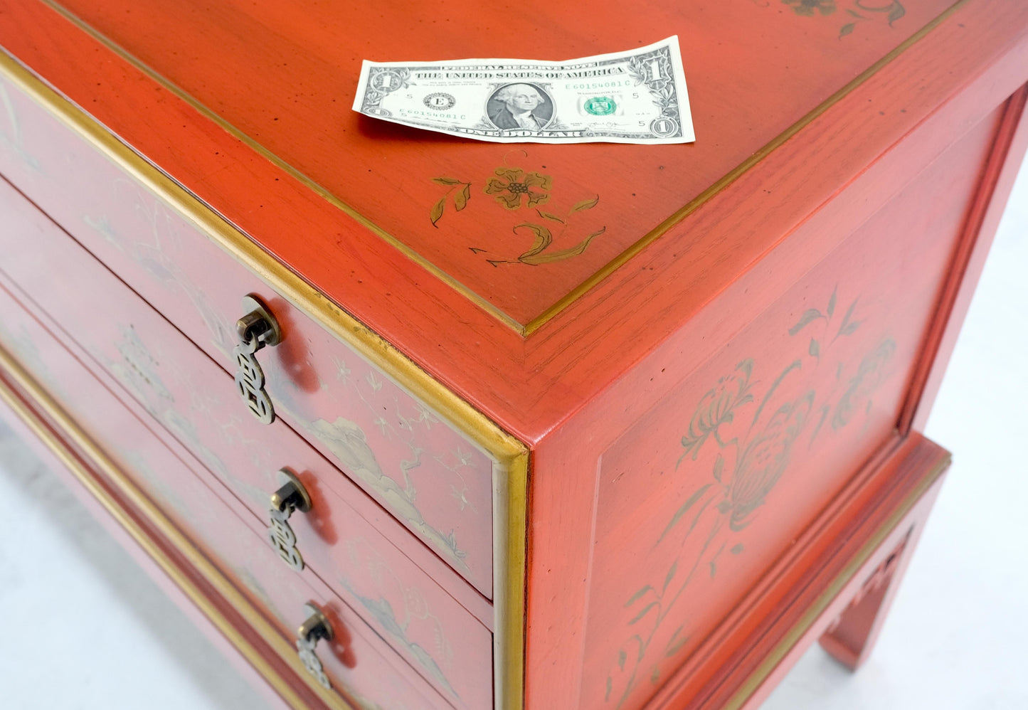Red Orange Lacquer Chinoiserie Hand Painted Three Drawers Dresser Large Stand