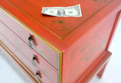 Red Orange Lacquer Chinoiserie Hand Painted Three Drawers Dresser Large Stand