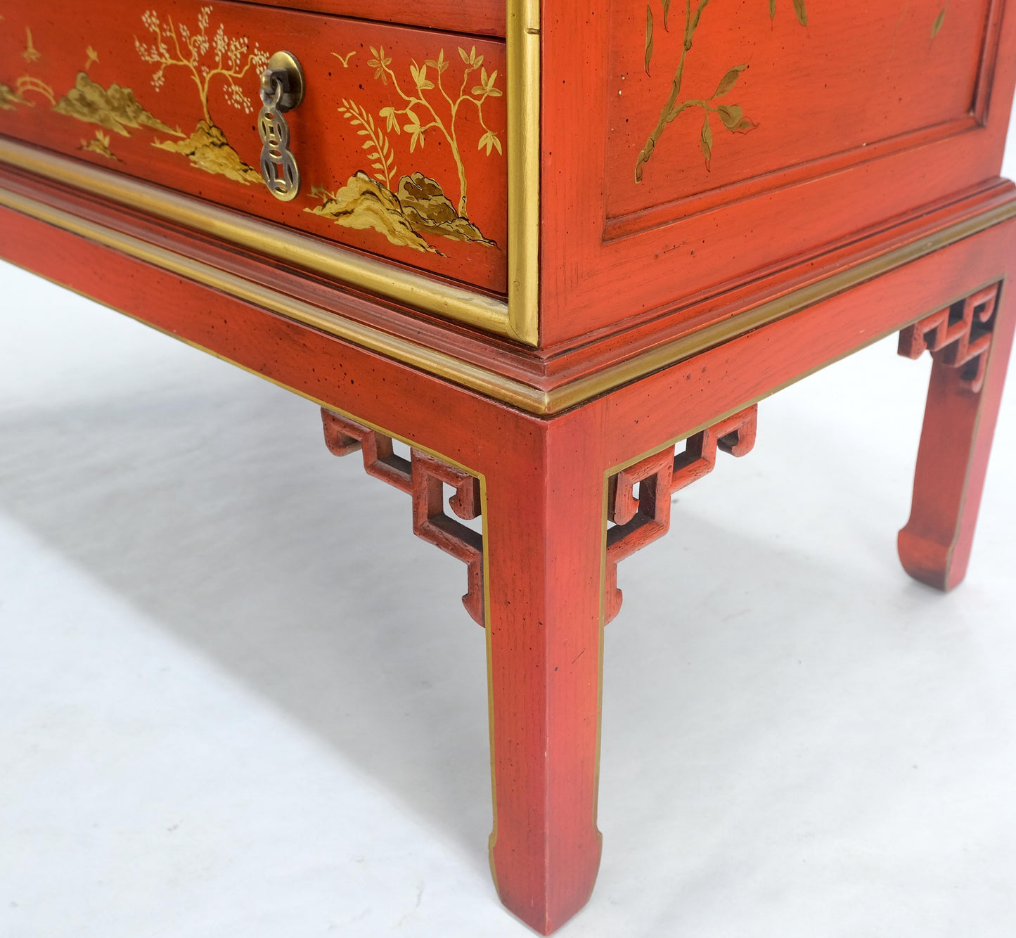 Red Orange Lacquer Chinoiserie Hand Painted Three Drawers Dresser Large Stand