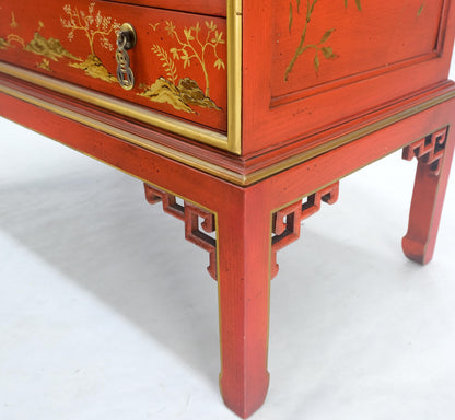 Red Orange Lacquer Chinoiserie Hand Painted Three Drawers Dresser Large Stand