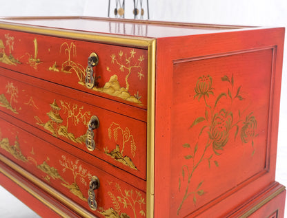 Red Orange Lacquer Chinoiserie Hand Painted Three Drawers Dresser Large Stand