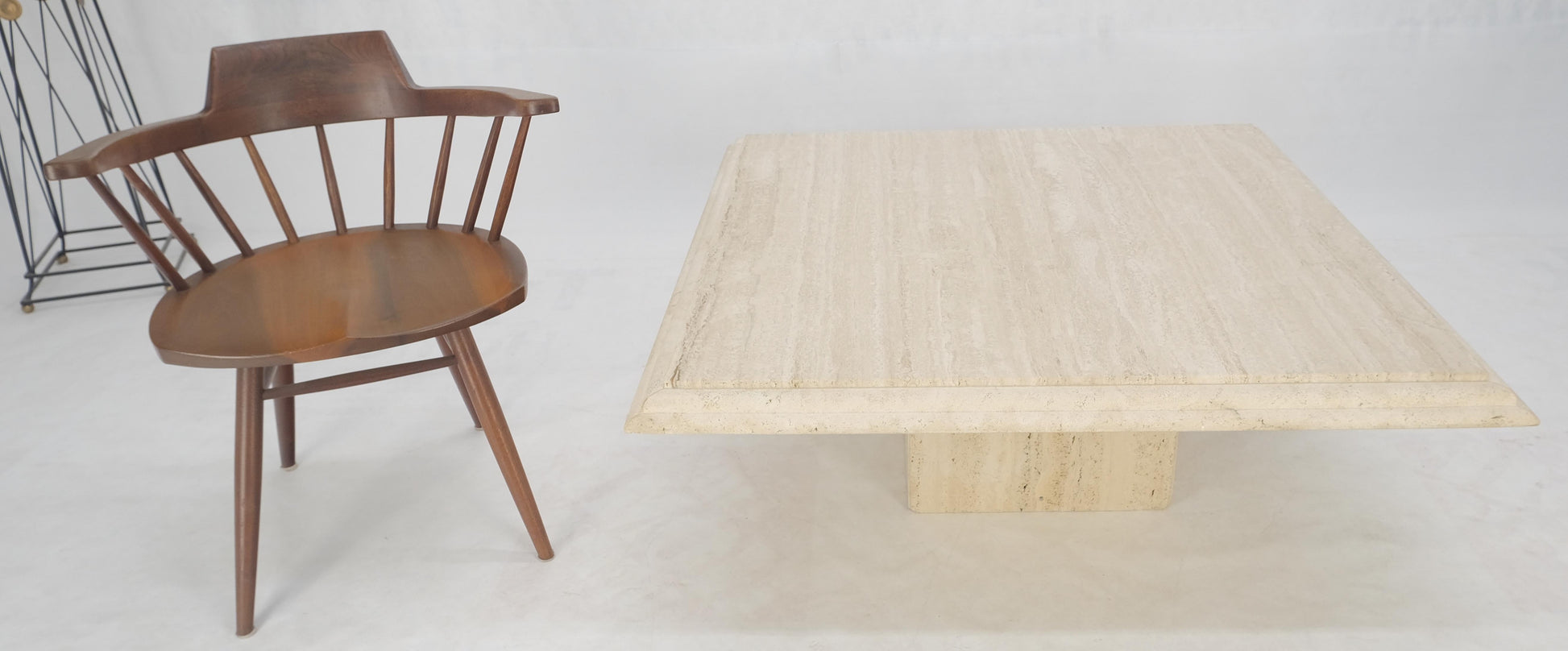 EstablishedLines Large 42" Square Single Pedestal Base Italian Mid Century Travertine Table MINT!