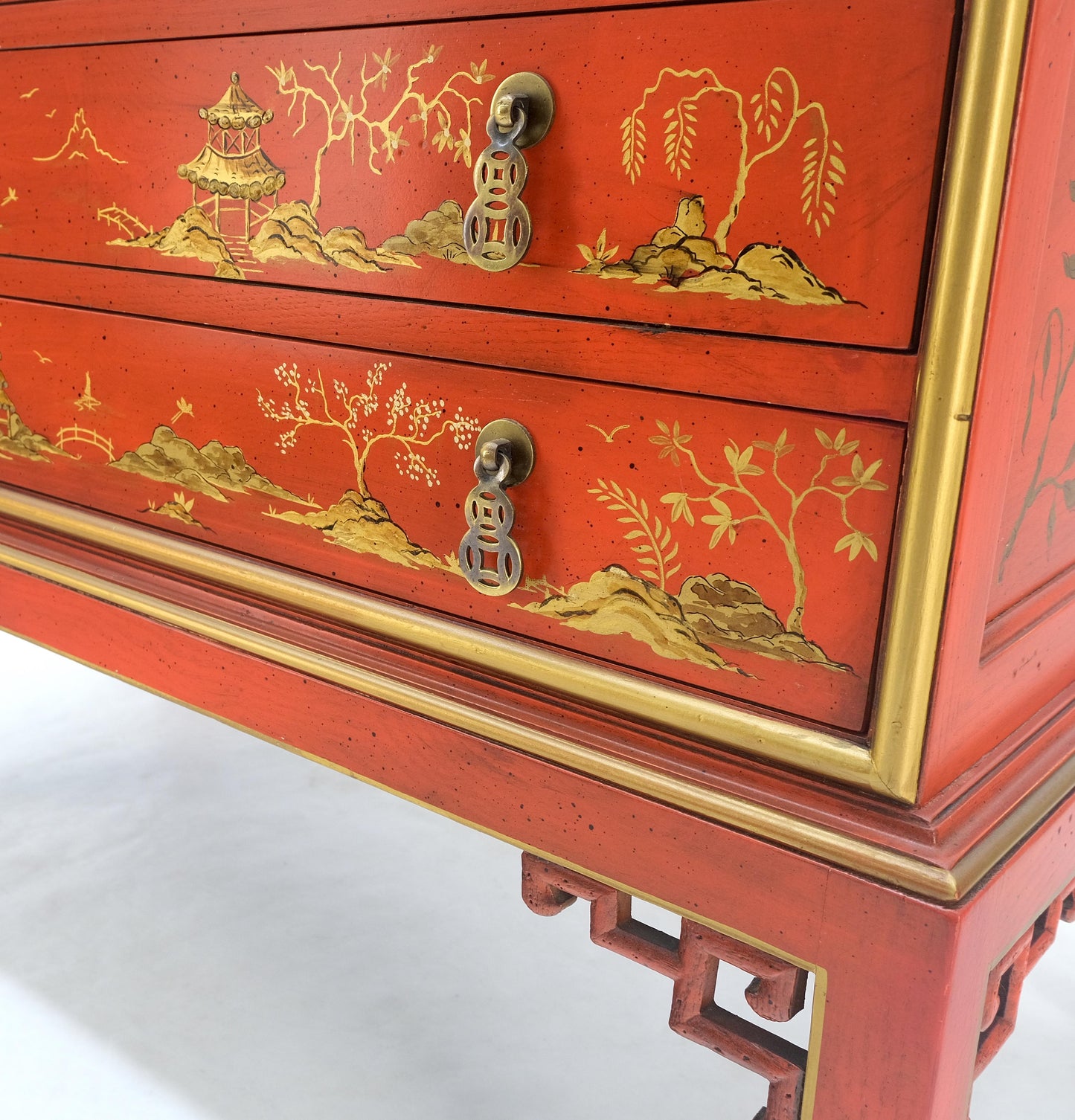 Red Orange Lacquer Chinoiserie Hand Painted Three Drawers Dresser Large Stand