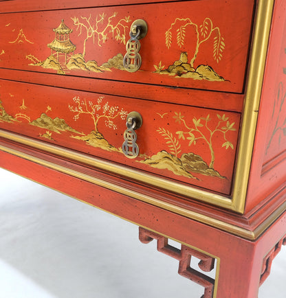 Red Orange Lacquer Chinoiserie Hand Painted Three Drawers Dresser Large Stand