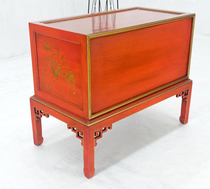 Red Orange Lacquer Chinoiserie Hand Painted Three Drawers Dresser Large Stand