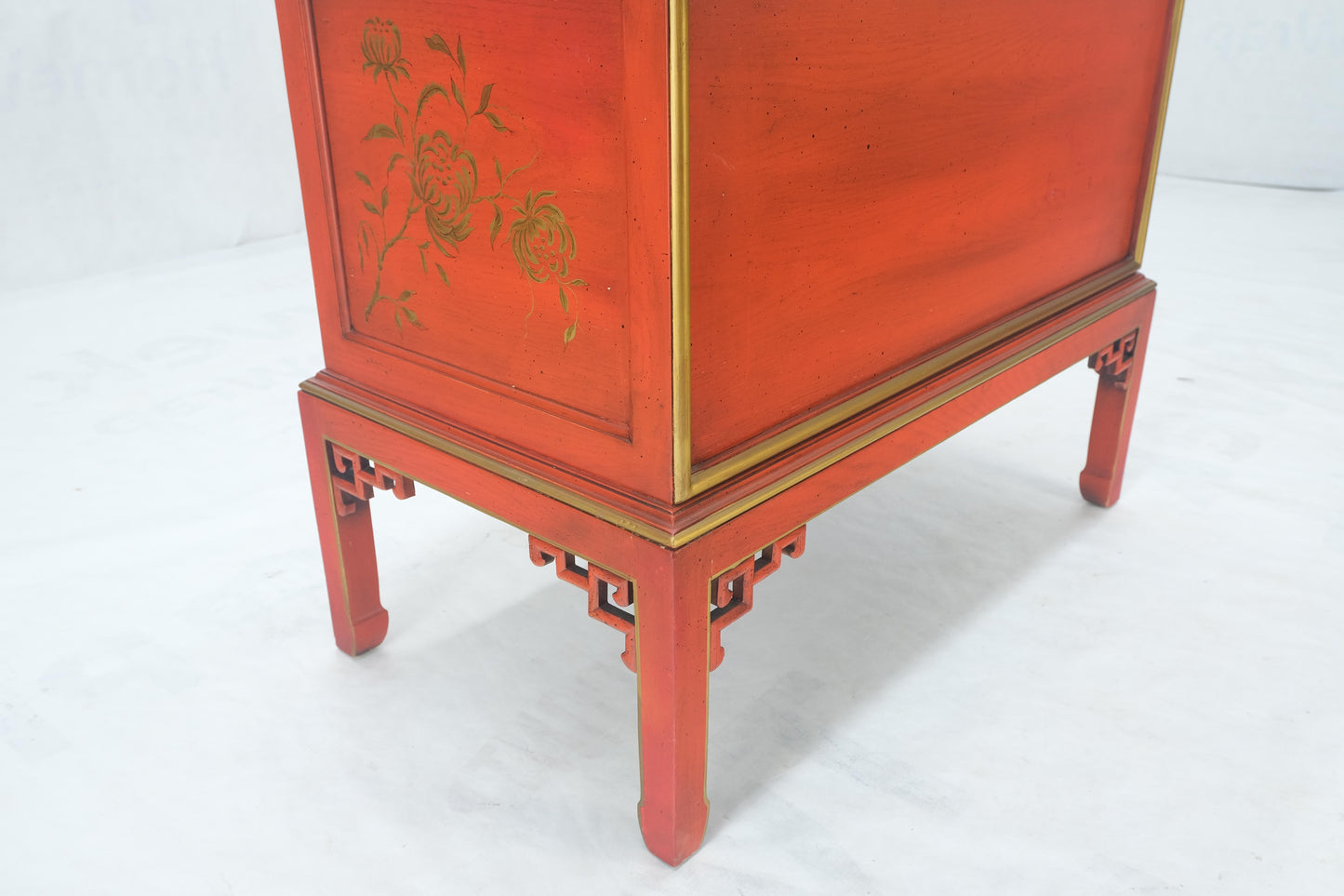 Red Orange Lacquer Chinoiserie Hand Painted Three Drawers Dresser Large Stand