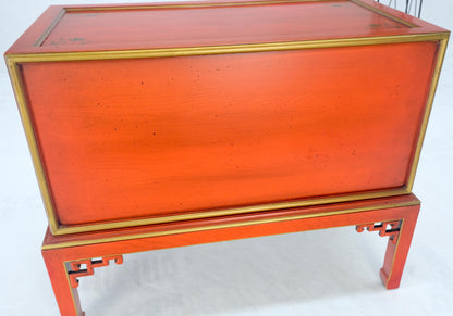 Red Orange Lacquer Chinoiserie Hand Painted Three Drawers Dresser Large Stand