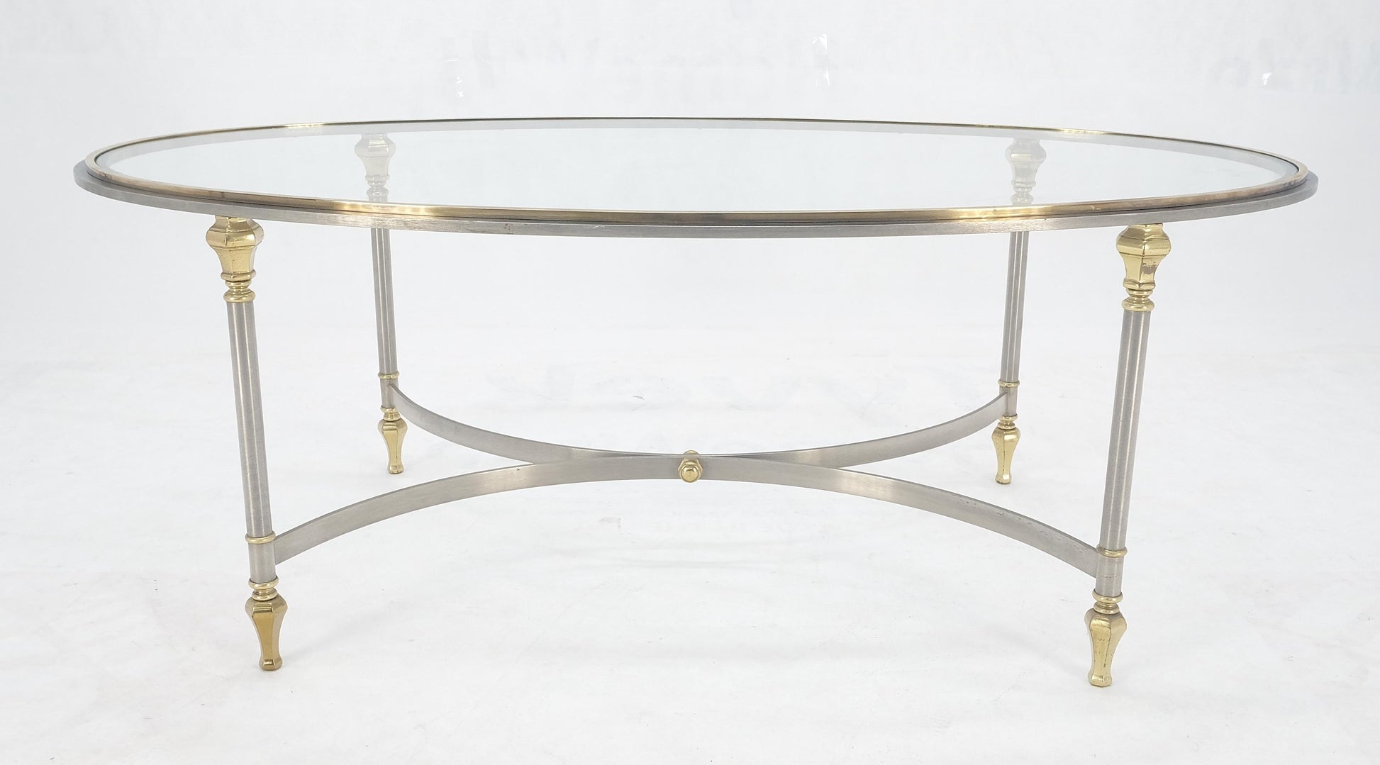 EstablishedLines Mid Century Hollywood Regency Italian Oval Glass top Brass & Chrome Coffee Table