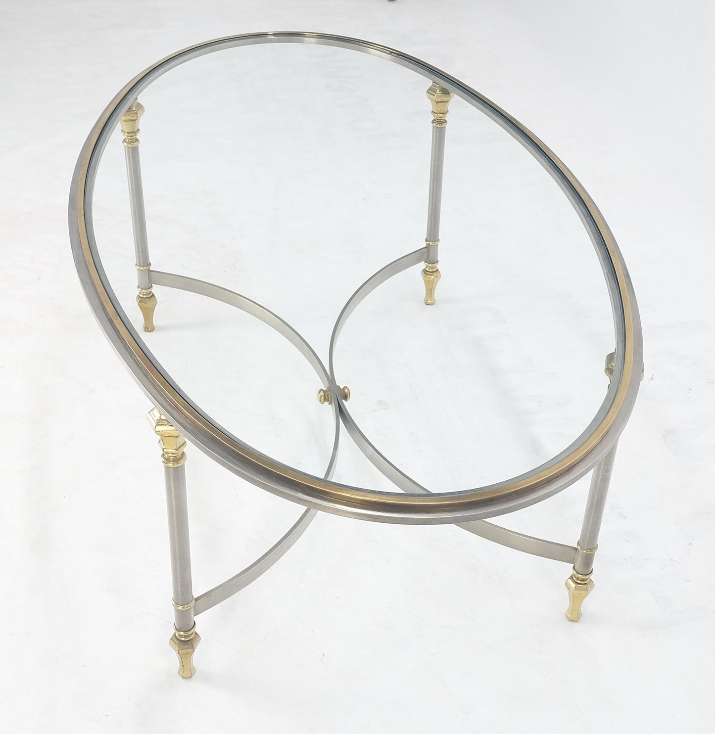 EstablishedLines Mid Century Hollywood Regency Italian Oval Glass top Brass & Chrome Coffee Table