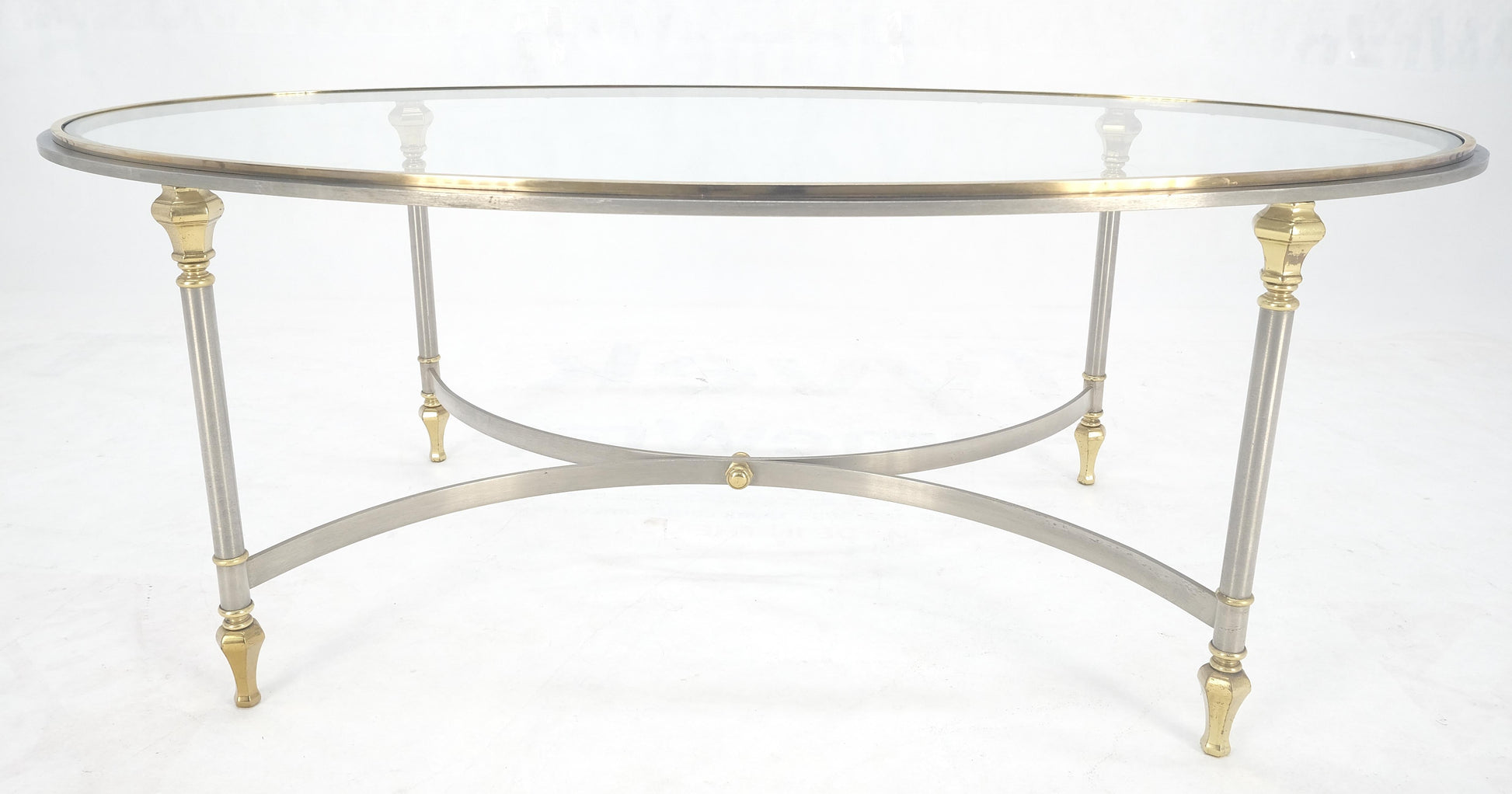 EstablishedLines Mid Century Hollywood Regency Italian Oval Glass top Brass & Chrome Coffee Table