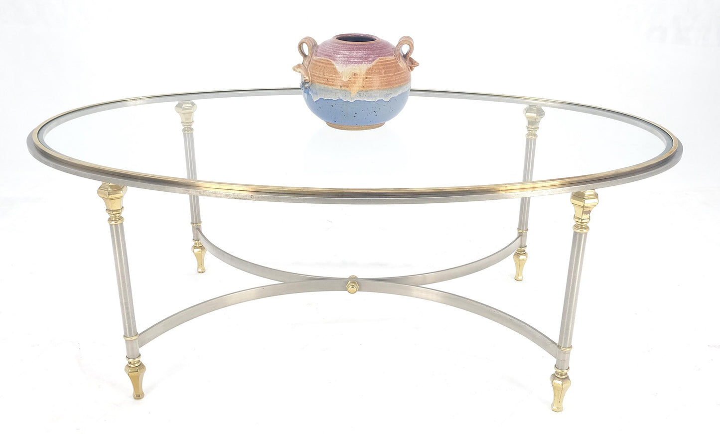 EstablishedLines Mid Century Hollywood Regency Italian Oval Glass top Brass & Chrome Coffee Table