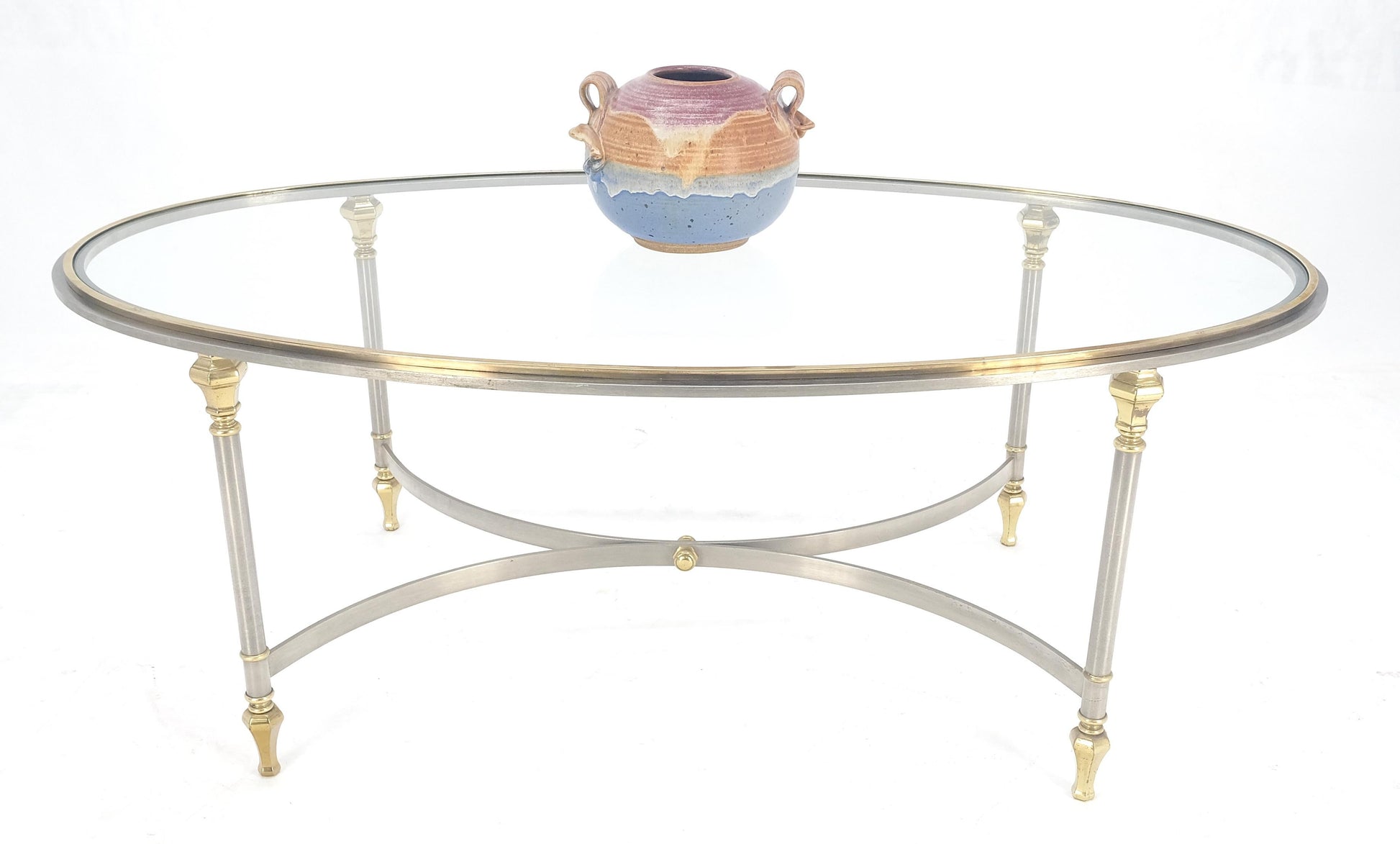 EstablishedLines Mid Century Hollywood Regency Italian Oval Glass top Brass & Chrome Coffee Table