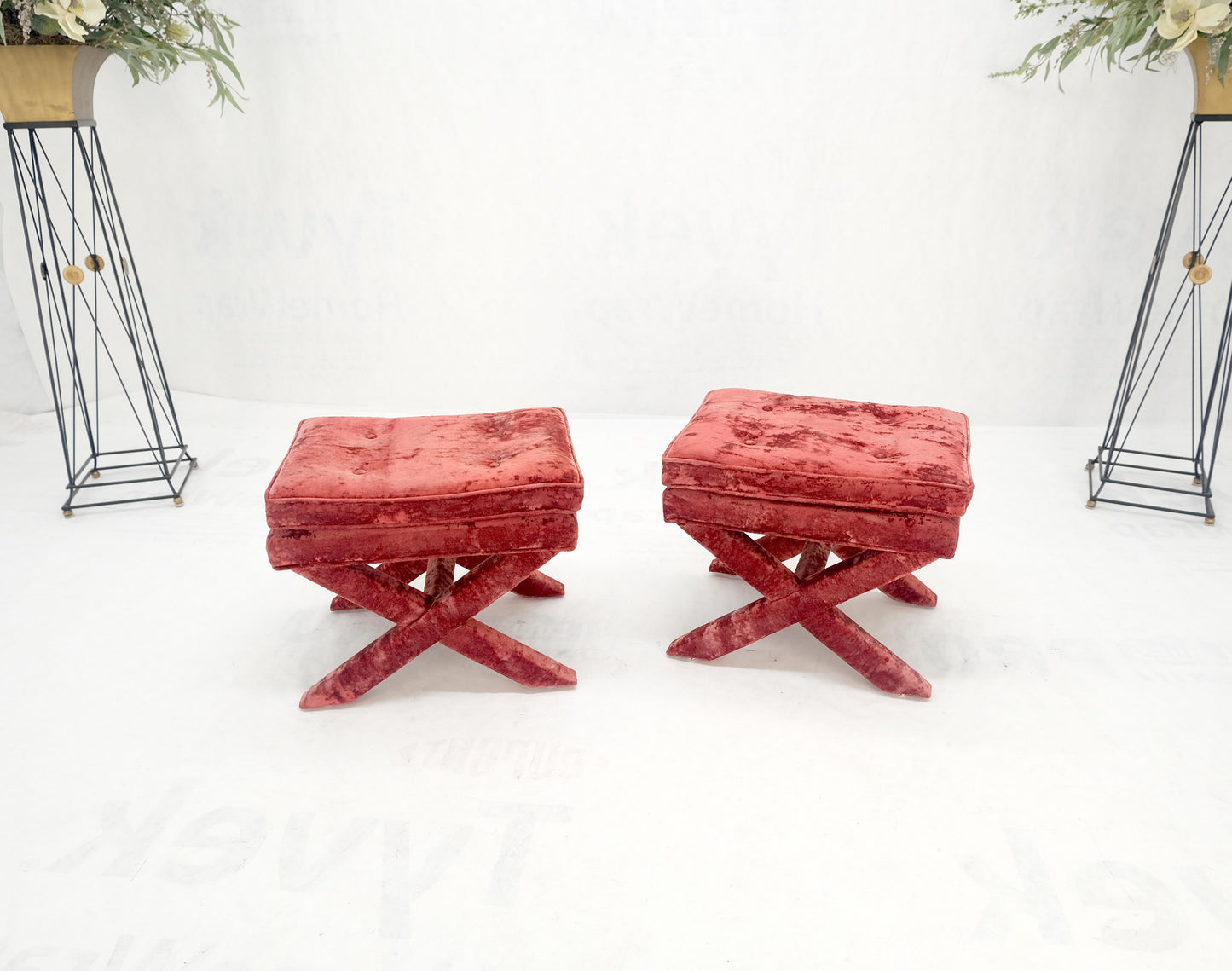 EstablishedLines Pair of Red Brick X Base Billy Baldwin Mid Century Modern Window Benches MINT!