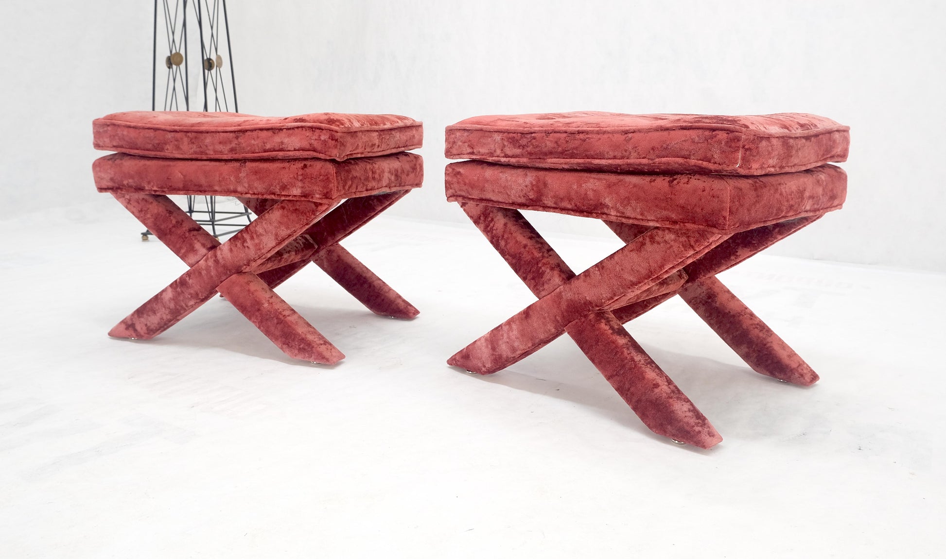 EstablishedLines Pair of Red Brick X Base Billy Baldwin Mid Century Modern Window Benches MINT!