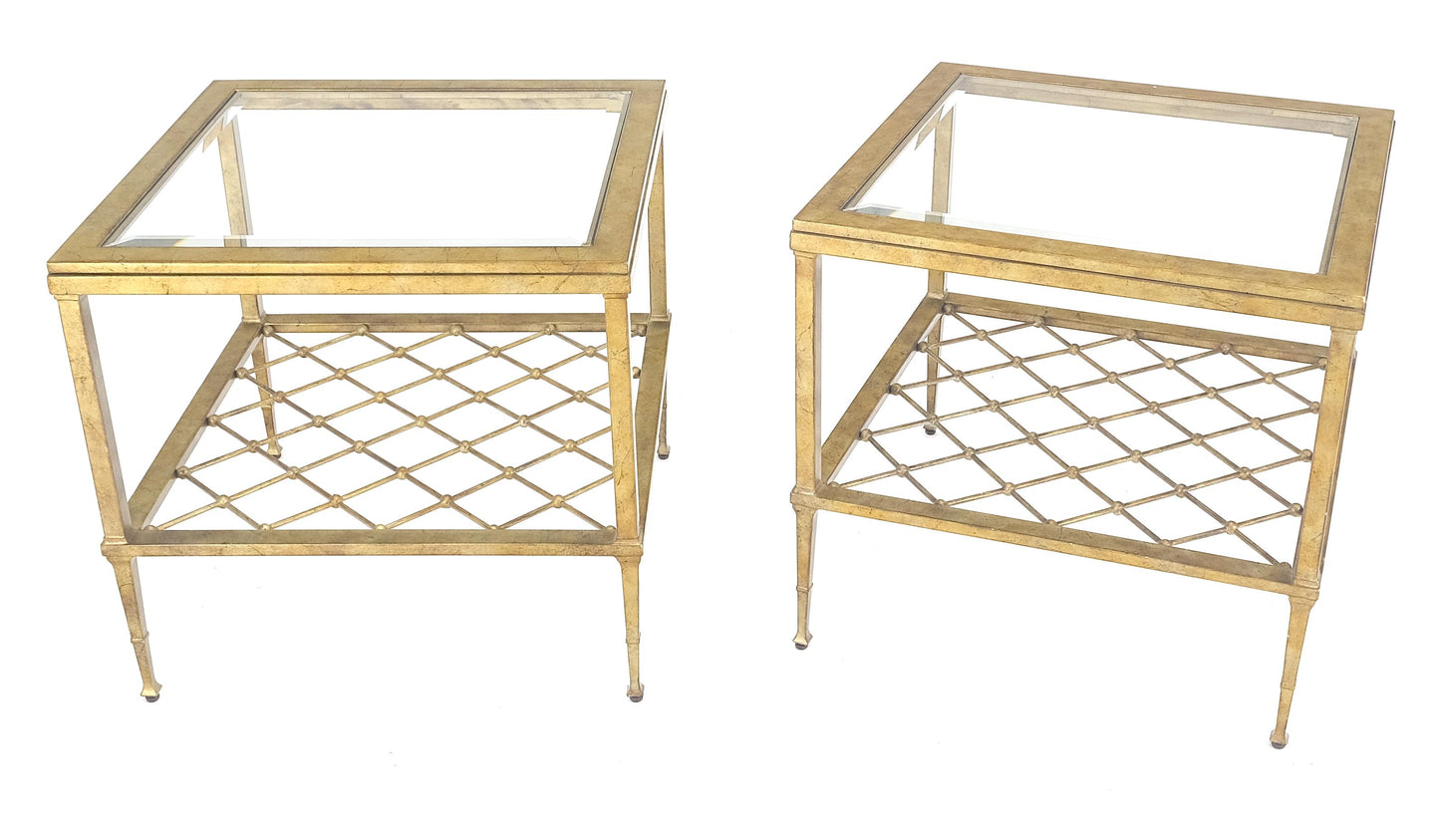 EstablishedLines Pair of Square Glass Top Gold Gilt Metal Glass Top End Tables Stands MINT!