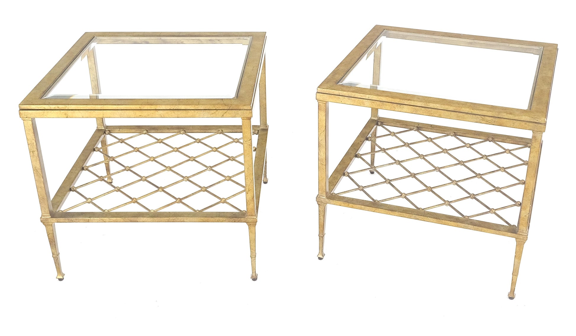 EstablishedLines Pair of Square Glass Top Gold Gilt Metal Glass Top End Tables Stands MINT!