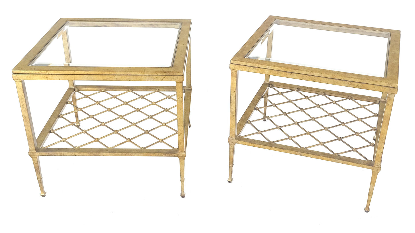 EstablishedLines Pair of Square Glass Top Gold Gilt Metal Glass Top End Tables Stands MINT!