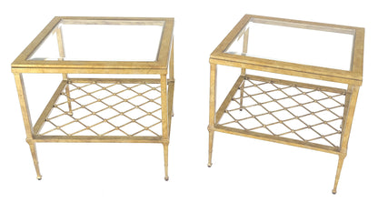 EstablishedLines Pair of Square Glass Top Gold Gilt Metal Glass Top End Tables Stands MINT!