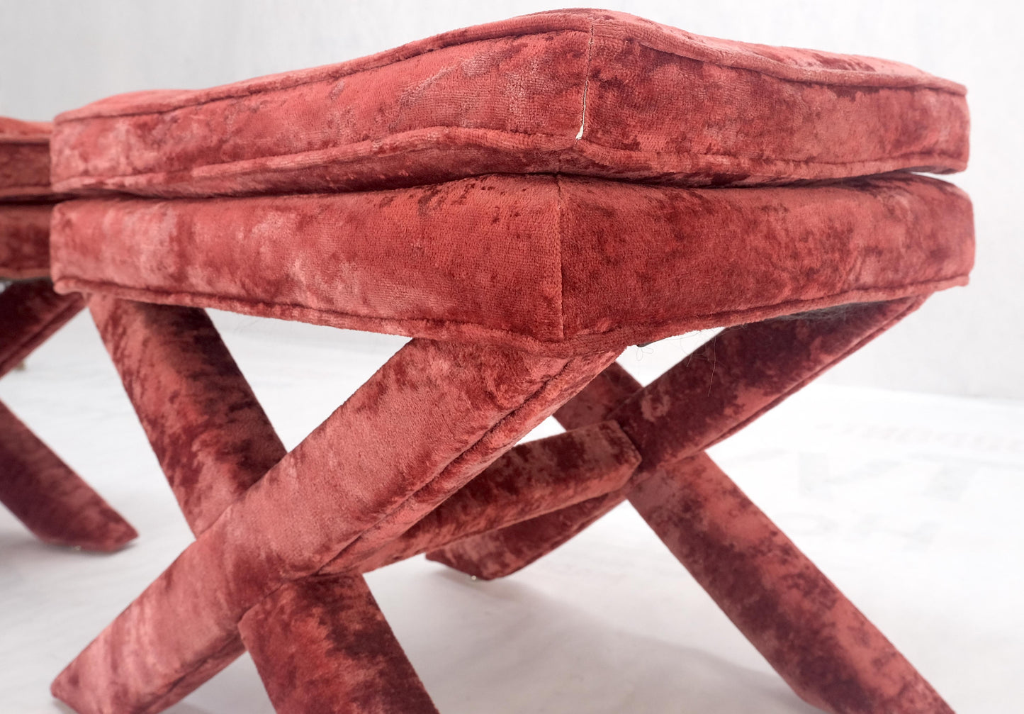 EstablishedLines Pair of Red Brick X Base Billy Baldwin Mid Century Modern Window Benches MINT!