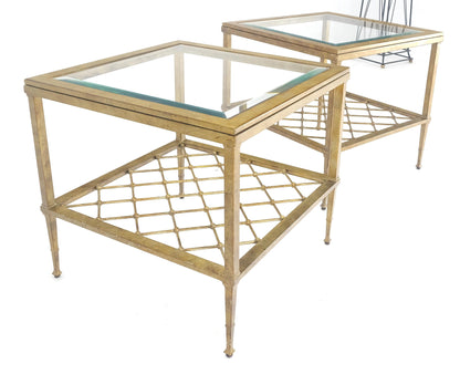 EstablishedLines Pair of Square Glass Top Gold Gilt Metal Glass Top End Tables Stands MINT!