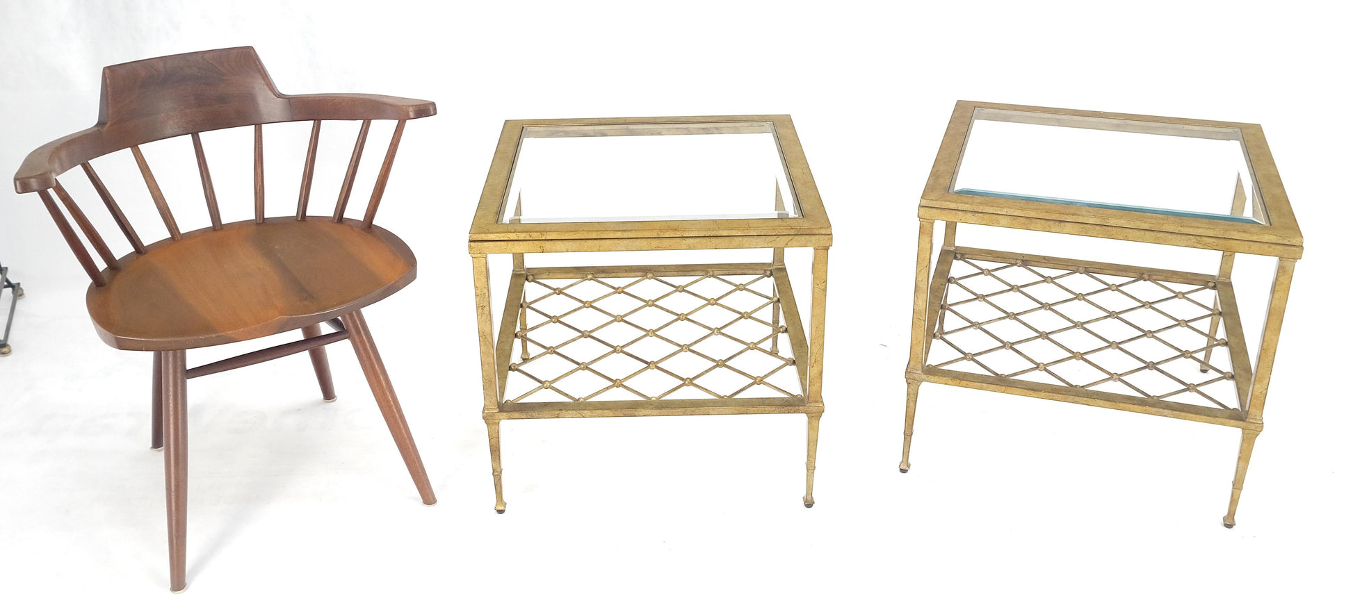 EstablishedLines Pair of Square Glass Top Gold Gilt Metal Glass Top End Tables Stands MINT!