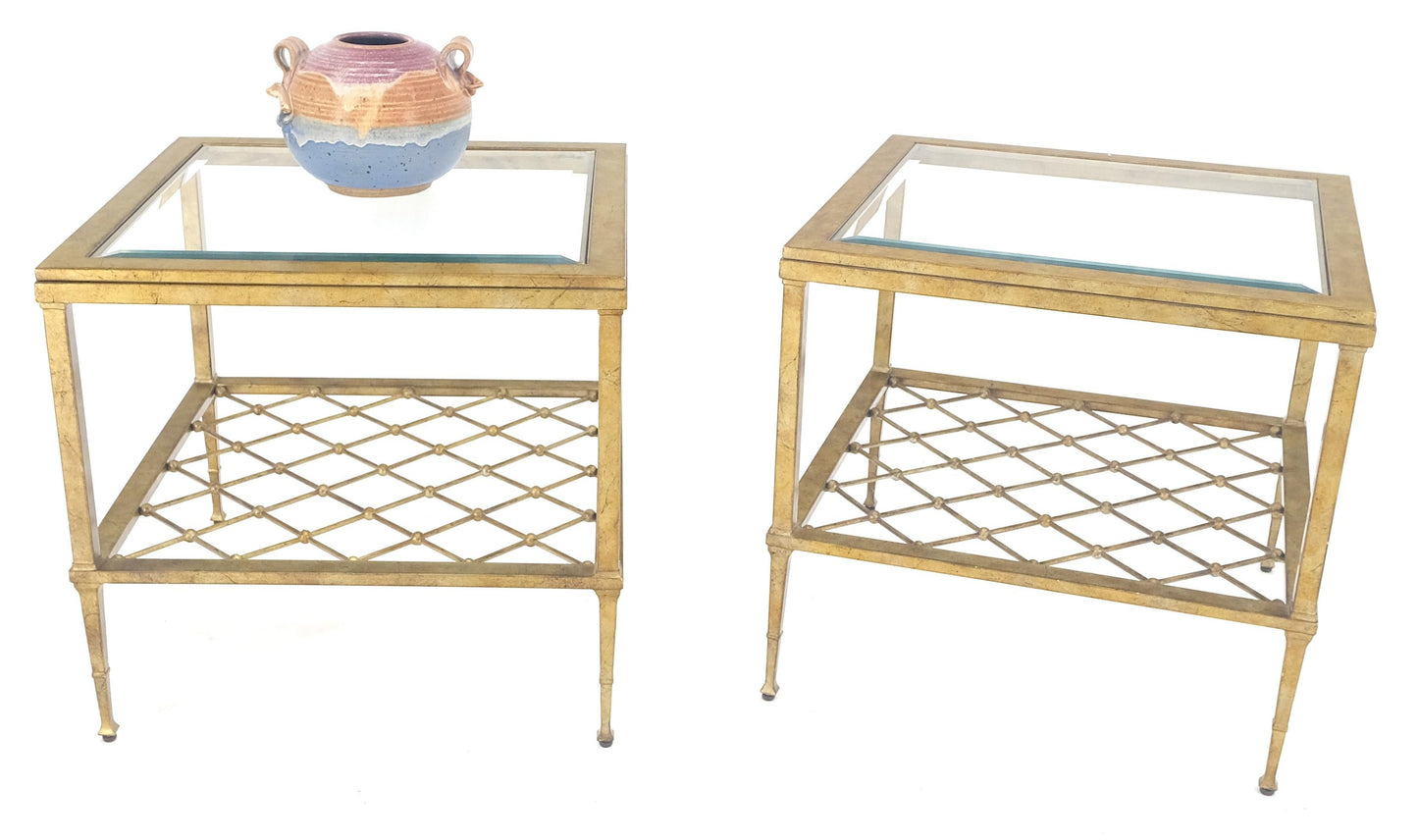 EstablishedLines Pair of Square Glass Top Gold Gilt Metal Glass Top End Tables Stands MINT!