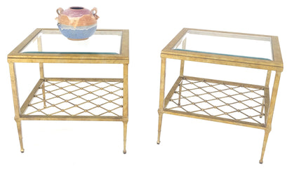 EstablishedLines Pair of Square Glass Top Gold Gilt Metal Glass Top End Tables Stands MINT!