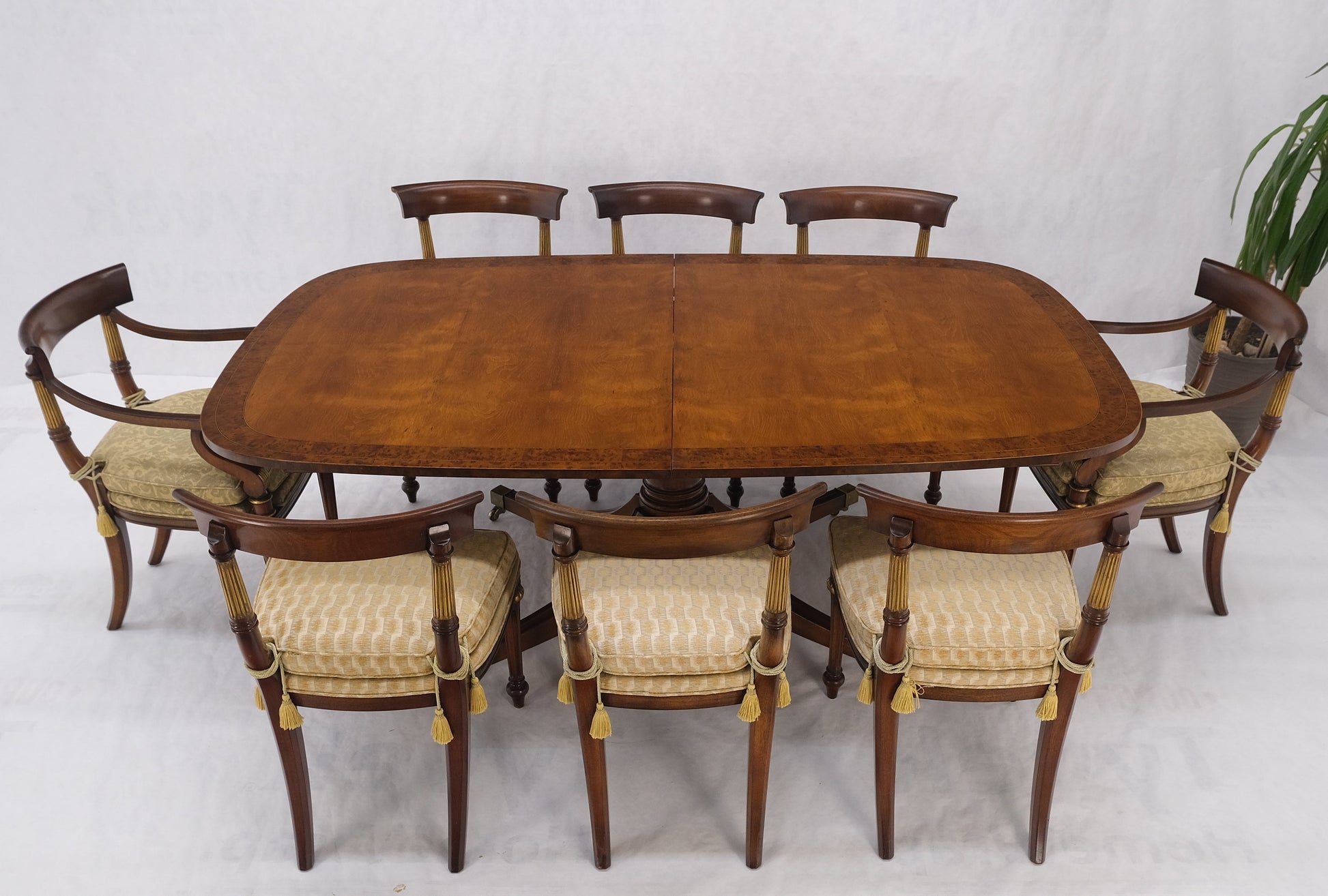 EstablishedLines Single Pedestal One Leaf Oval Banded Dining Table 8 Regency Chairs Set MINT!
