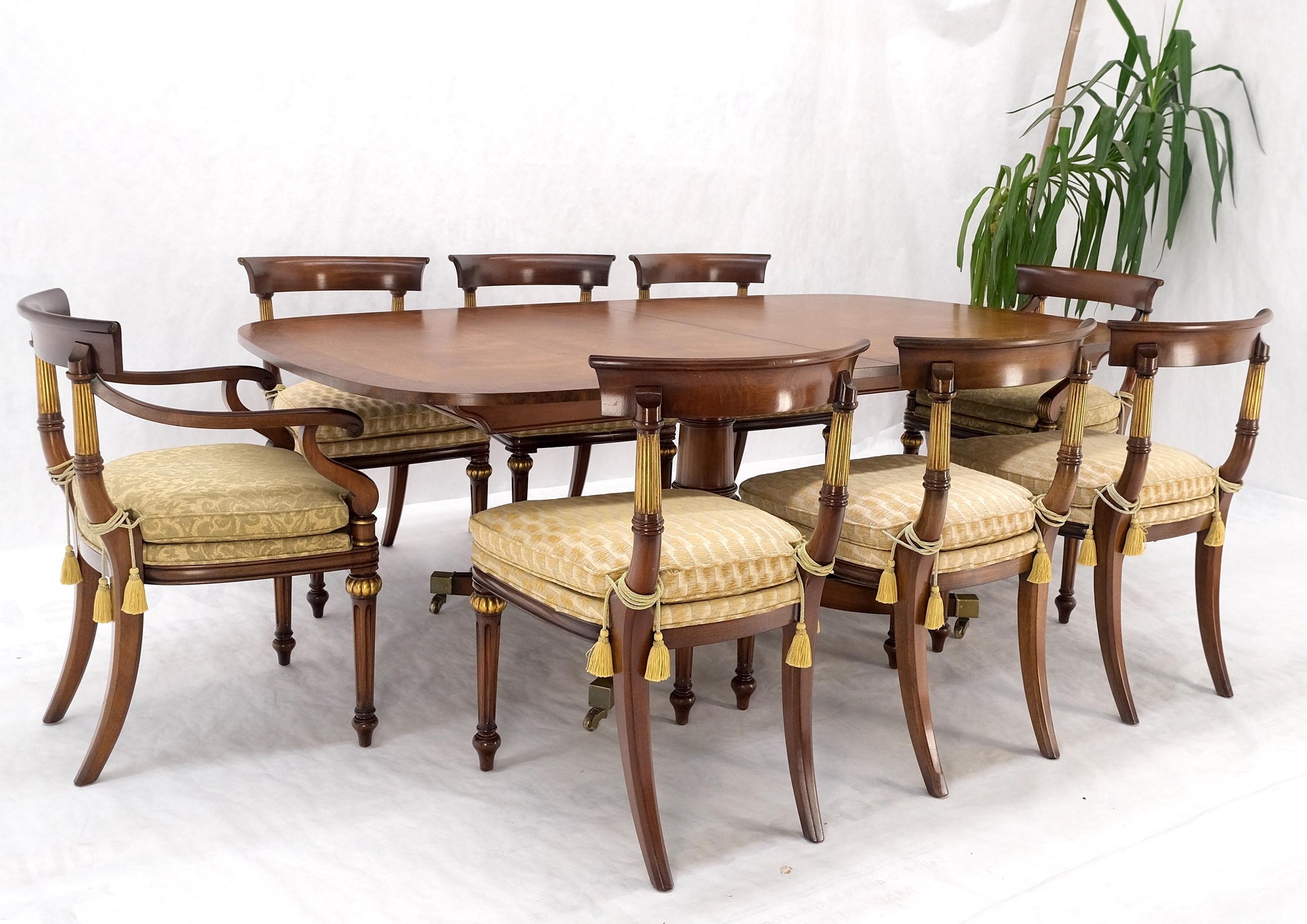 EstablishedLines Single Pedestal One Leaf Oval Banded Dining Table 8 Regency Chairs Set MINT!