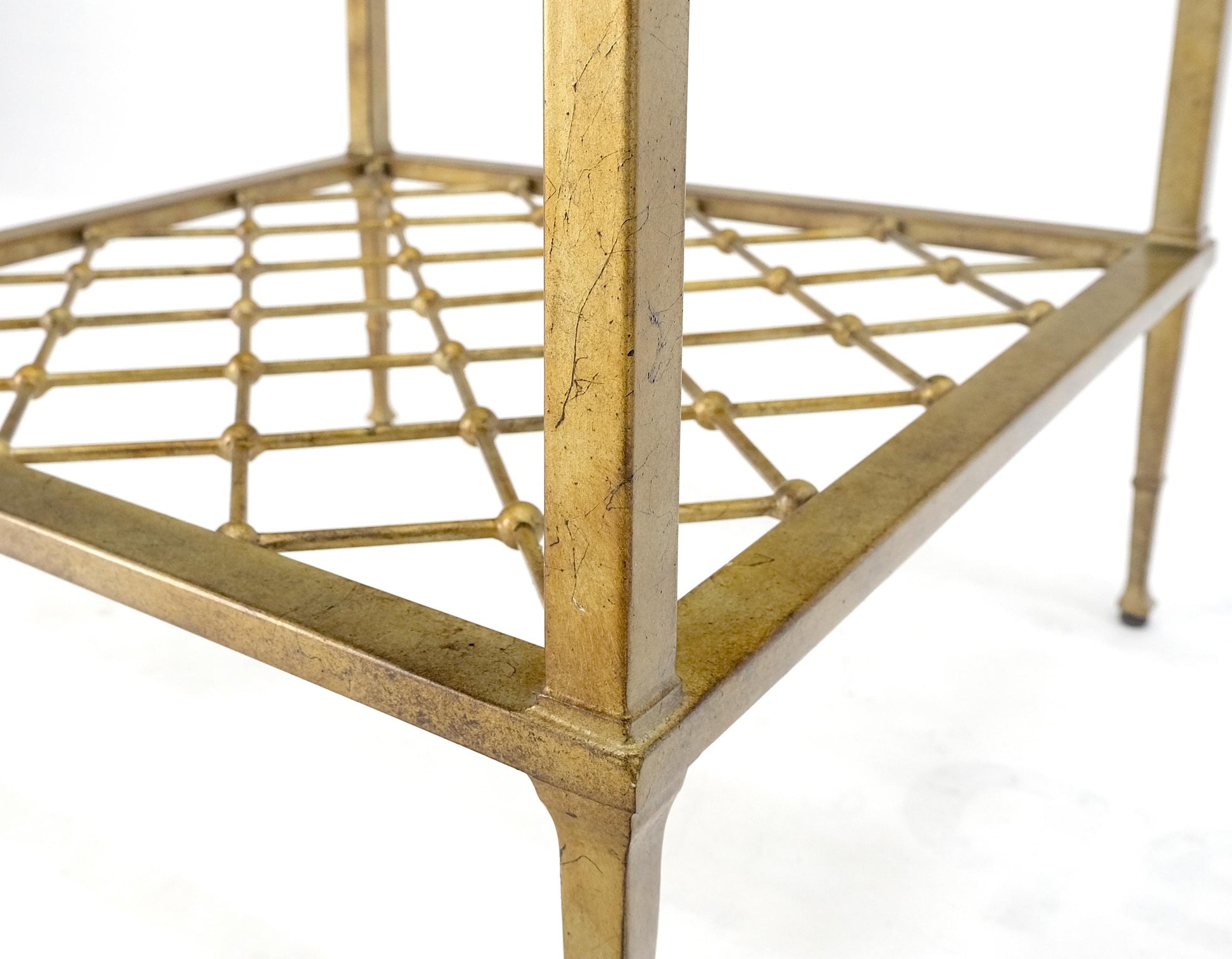 EstablishedLines Pair of Square Glass Top Gold Gilt Metal Glass Top End Tables Stands MINT!