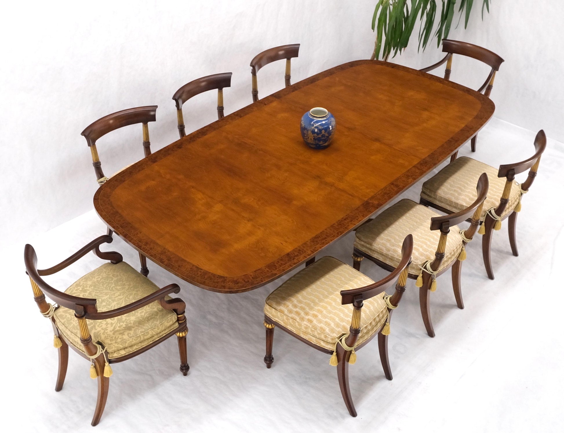 EstablishedLines Single Pedestal One Leaf Oval Banded Dining Table 8 Regency Chairs Set MINT!
