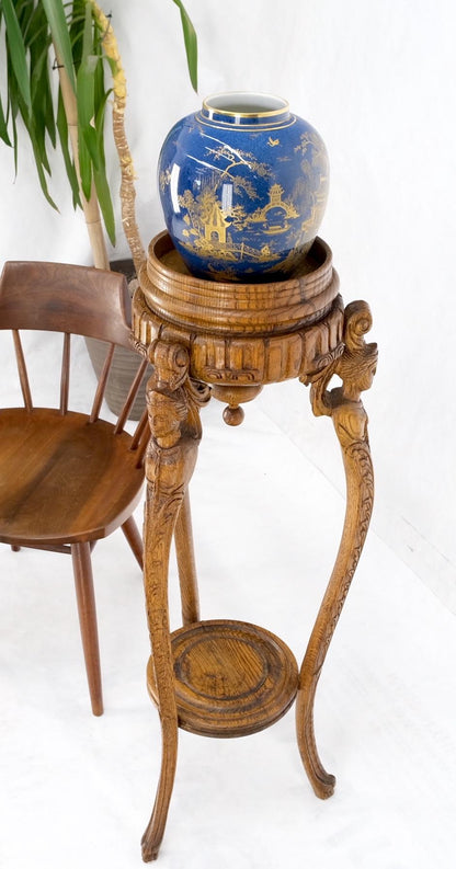 EstablishedLines Antique Carved Oak Tripod Tri legged Plant Stand