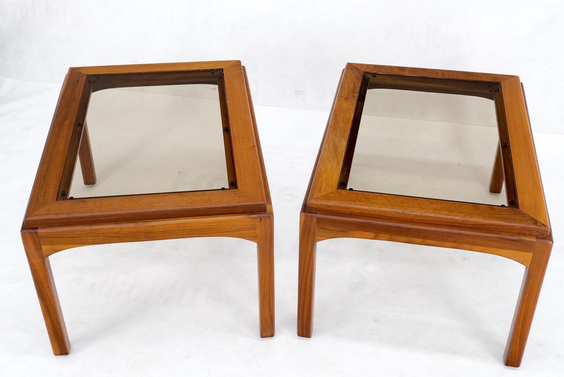 EstablishedLines Pair Solid Oiled Walnut Smoked Glass Rectangle End Tables Stands Mid Century