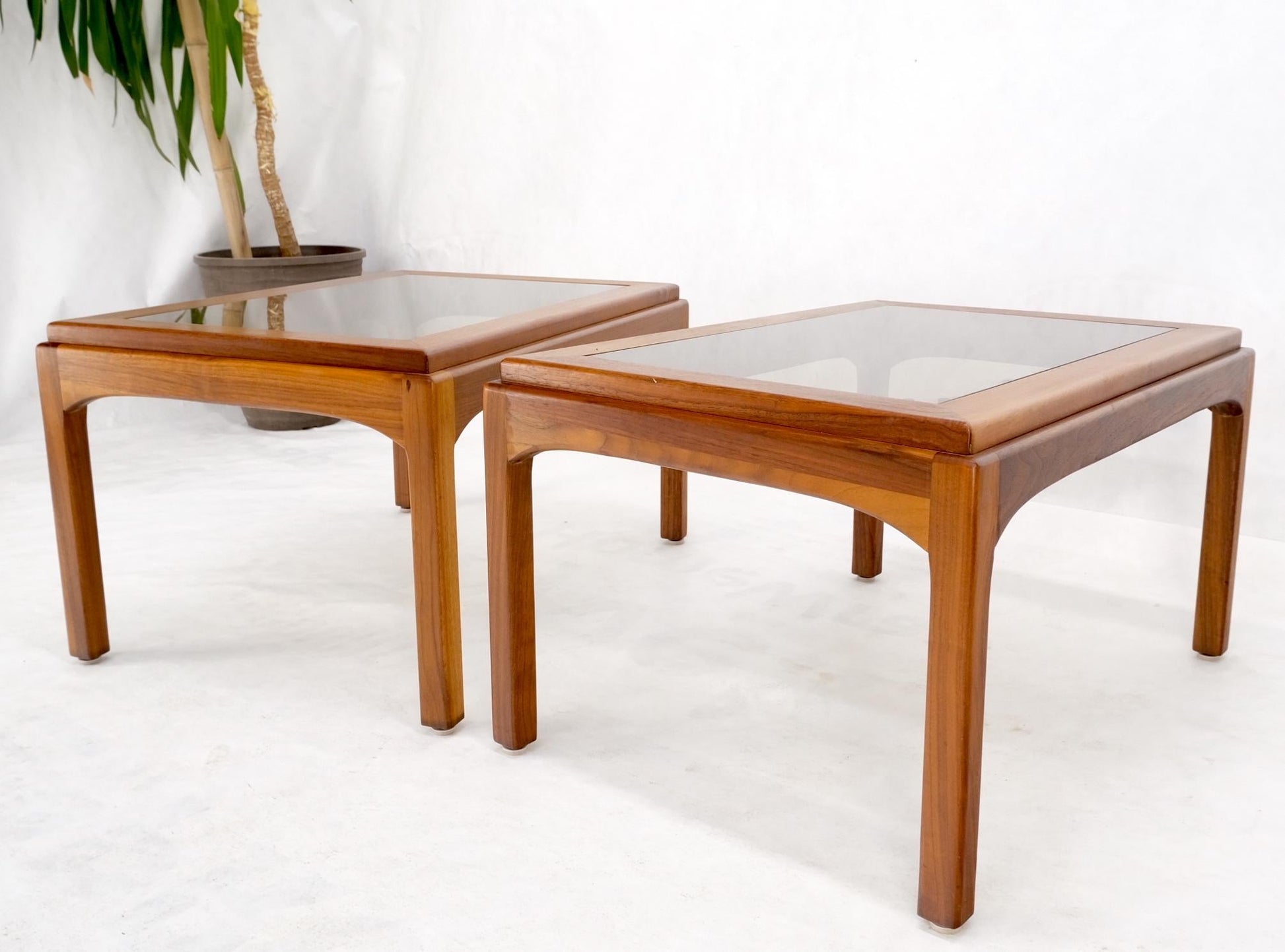 EstablishedLines Pair Solid Oiled Walnut Smoked Glass Rectangle End Tables Stands Mid Century