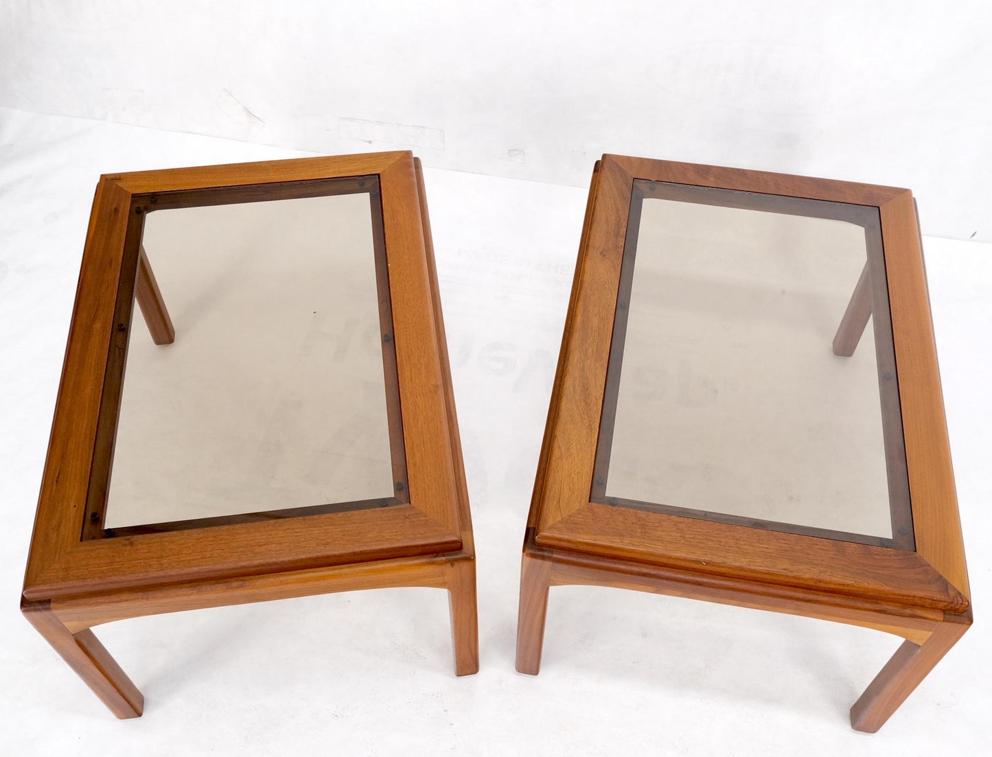 EstablishedLines Pair Solid Oiled Walnut Smoked Glass Rectangle End Tables Stands Mid Century