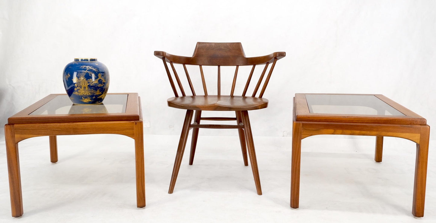 EstablishedLines Pair Solid Oiled Walnut Smoked Glass Rectangle End Tables Stands Mid Century
