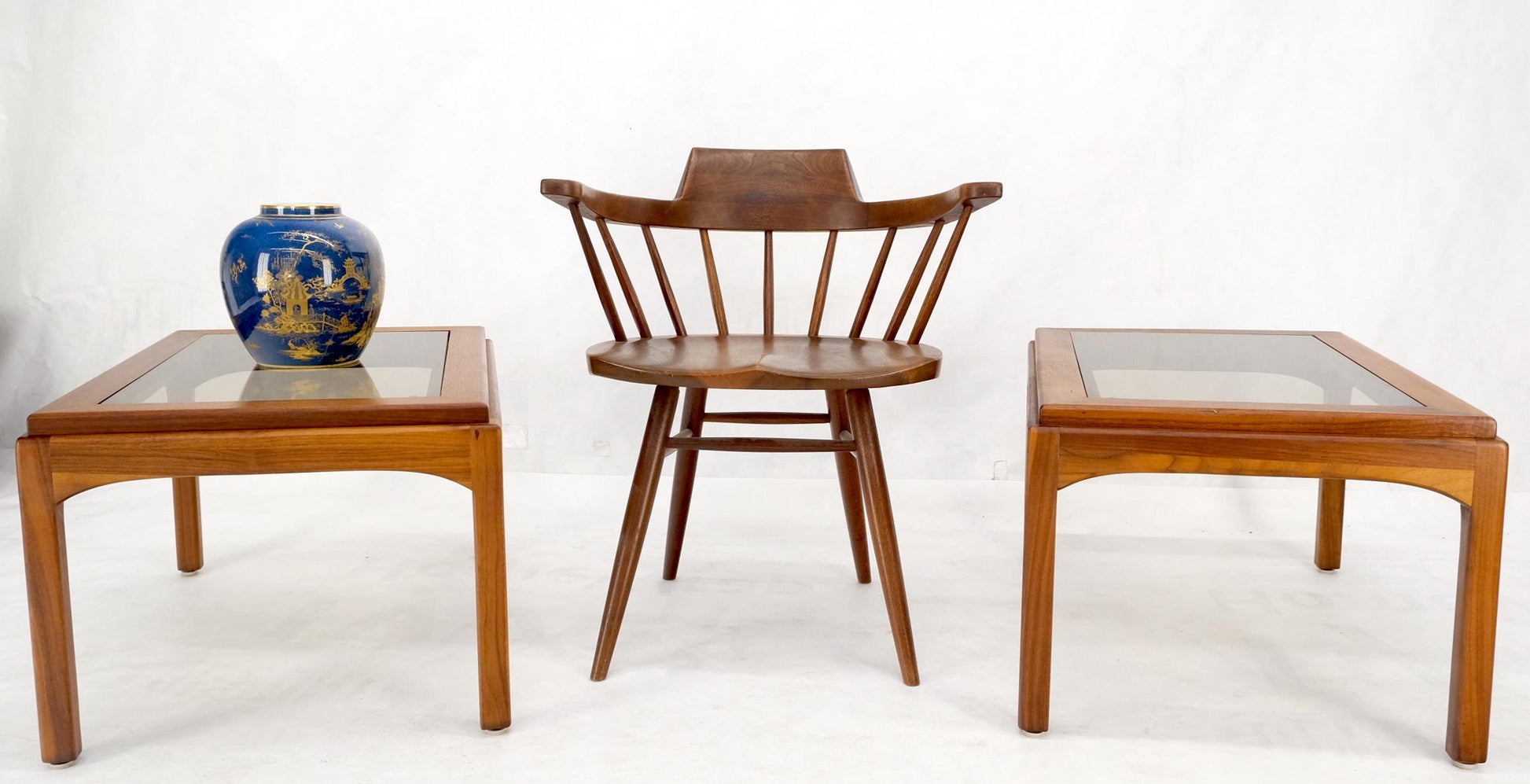 EstablishedLines Pair Solid Oiled Walnut Smoked Glass Rectangle End Tables Stands Mid Century