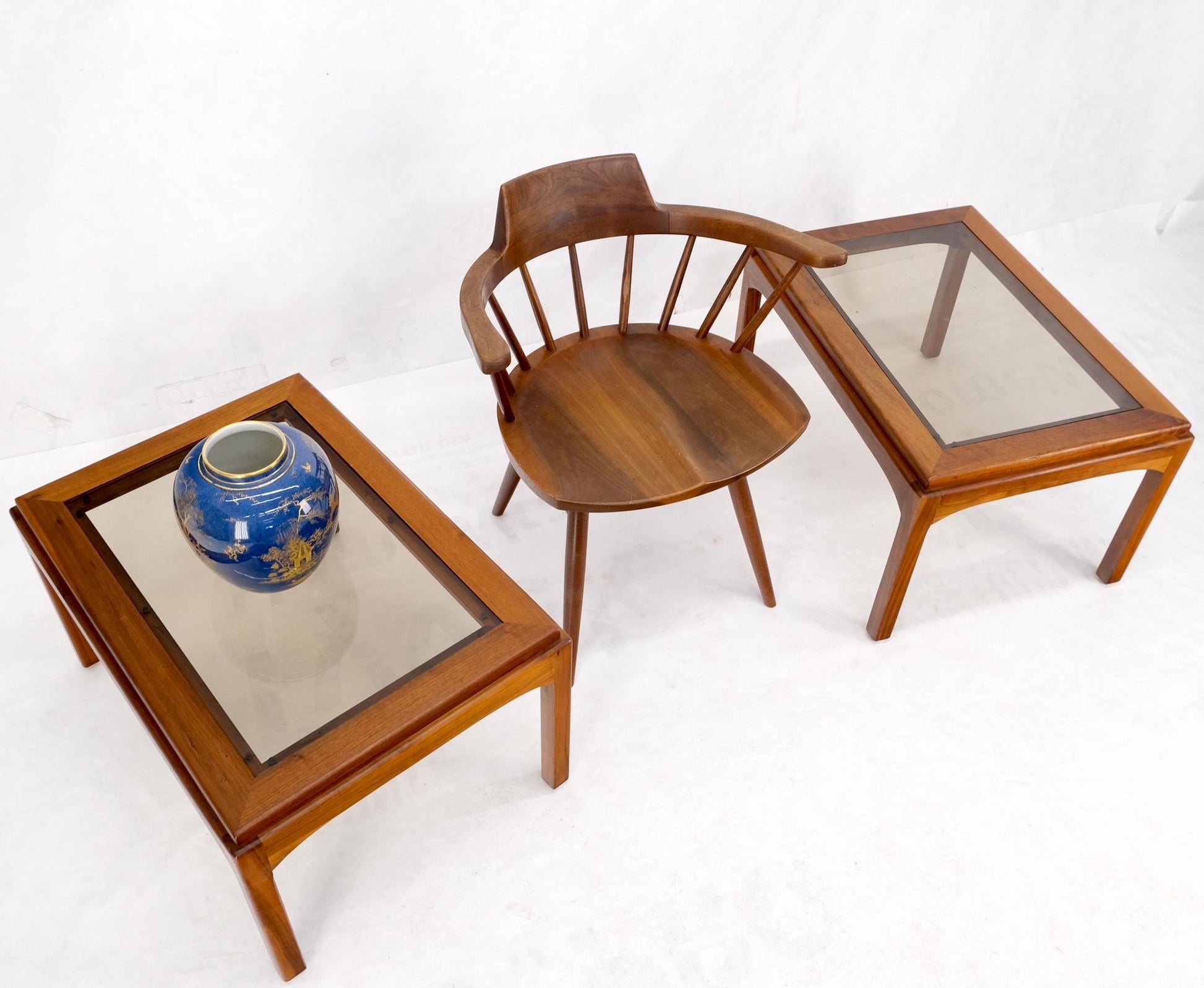 EstablishedLines Pair Solid Oiled Walnut Smoked Glass Rectangle End Tables Stands Mid Century